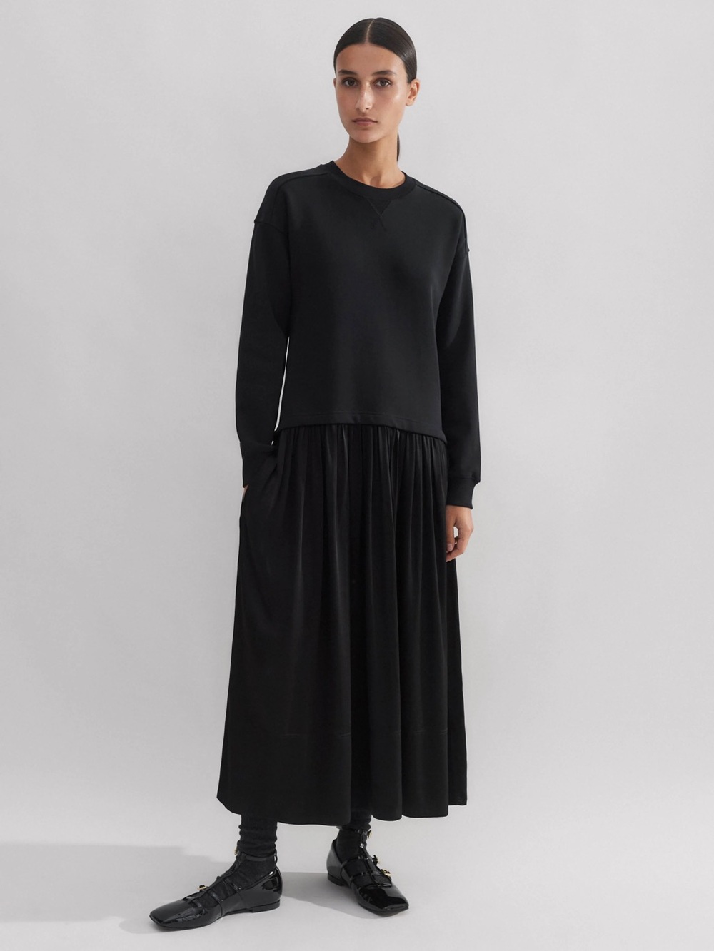 ME+EM • Mixed Media Sweatshirt Midi Dress - size 2 black pockets NWT